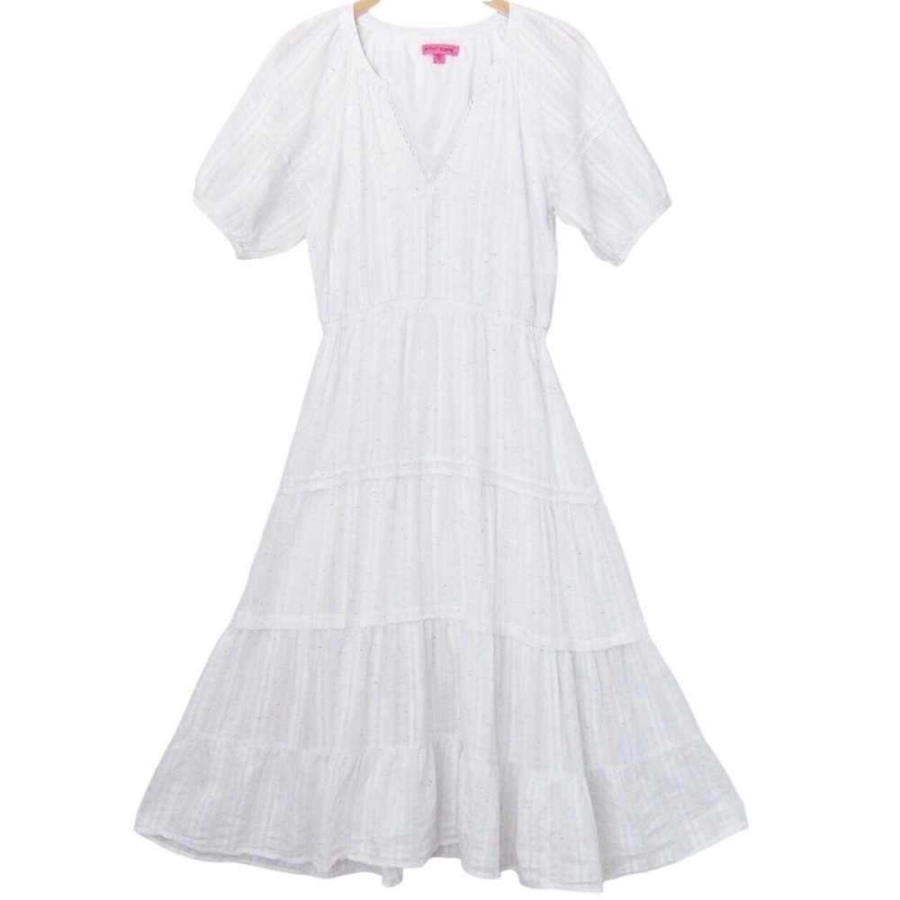 Betsey Johnson Midi Dress Cottagecore Puff Sleeve Tiered White Womens Size Small